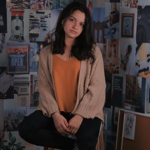 Nude oversized knit cardigan w/ puff sleeves